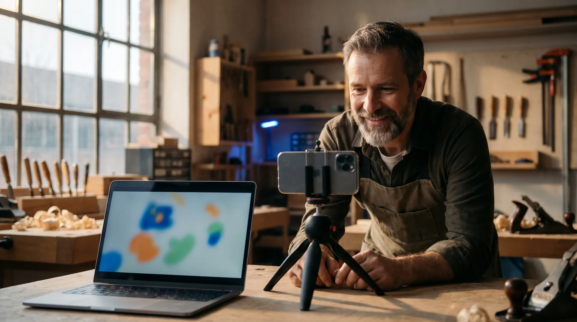 Zelfstandige aannemer filmt zichzelf met een smartphone op statief in een werkplaats