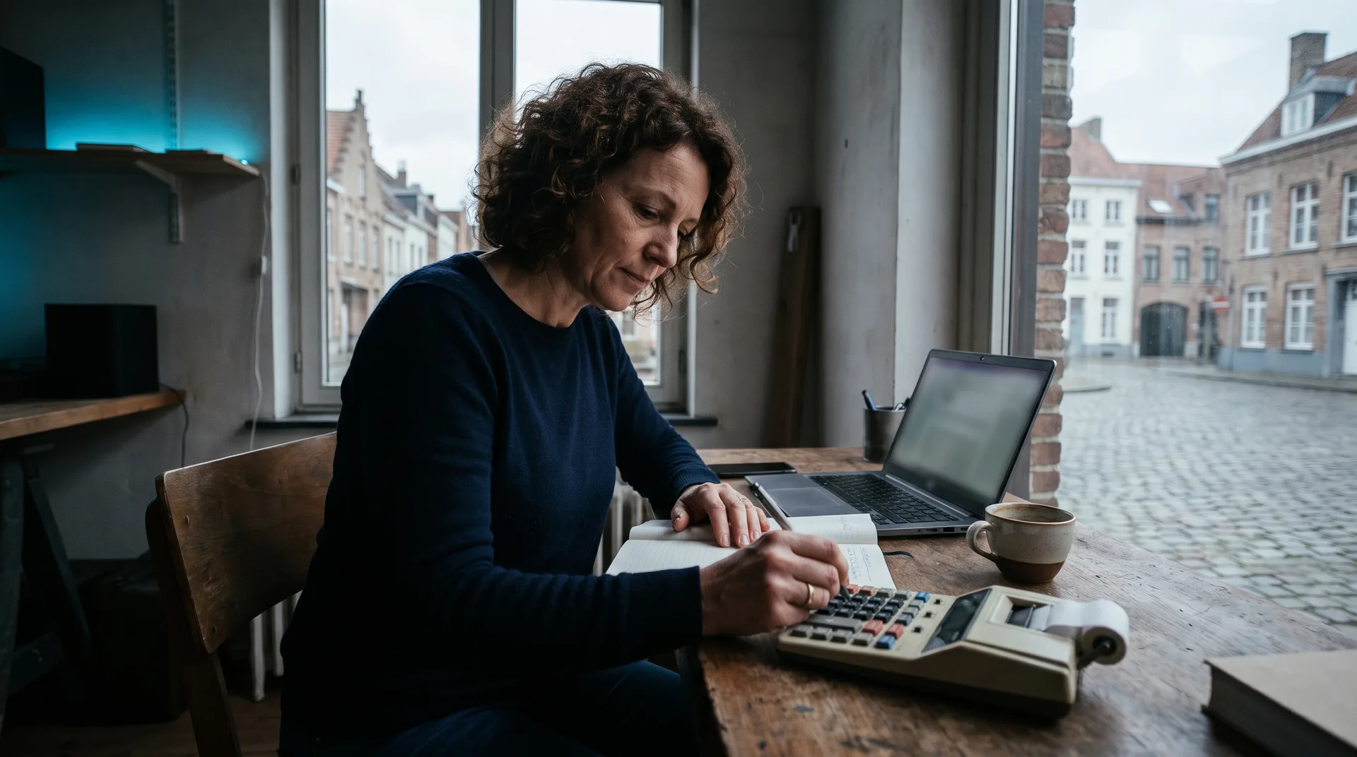 Zelfstandige rekent aan haar bureau het advertentiebudget uit met een rekenmachine en notitieboekje