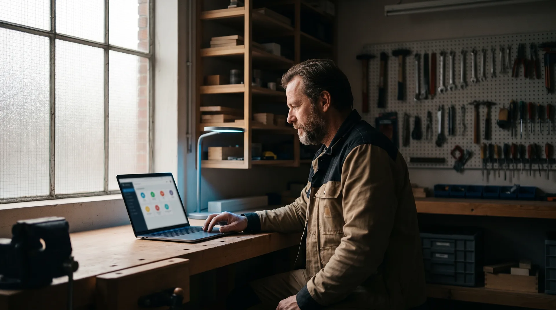 Zelfstandige aannemer bekijkt nieuwe aanvragen op zijn laptop in een werkplaats