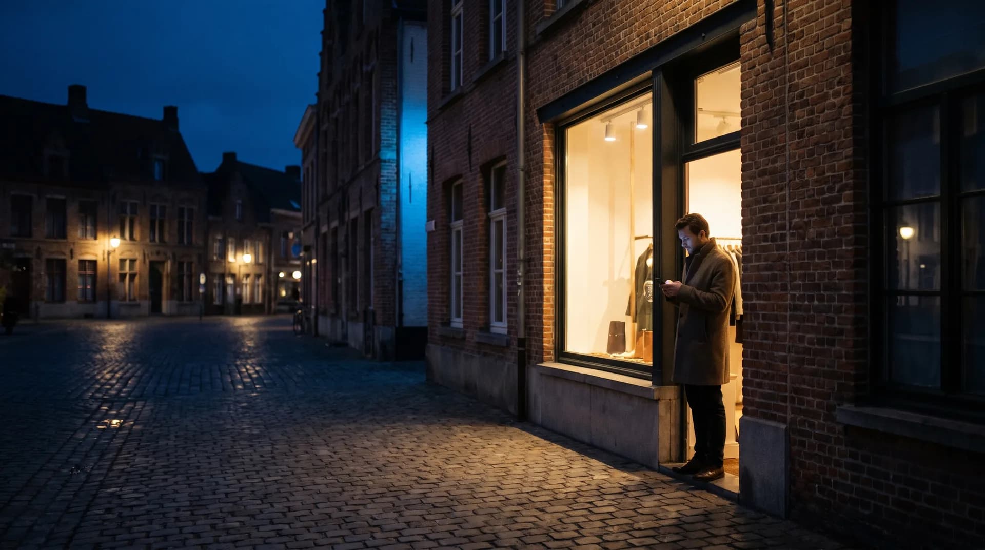 Ondernemer bekijkt zijn zaak in een West-Vlaamse stad bij valavond