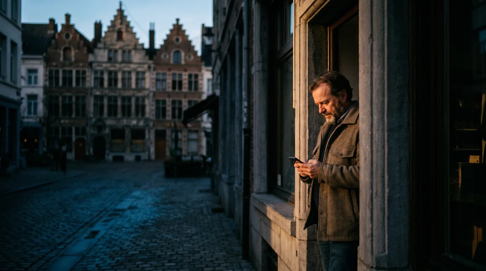 Ondernemer in een winkelstraat in het historische centrum van Antwerpen bekijkt zijn bedrijfsprofiel op zijn smartphone