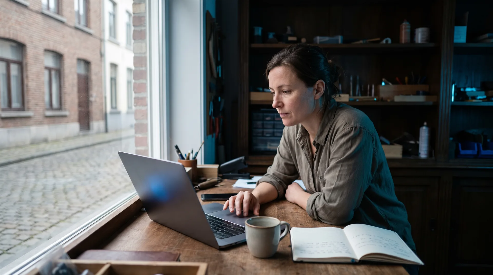 Zelfstandige bekijkt op een laptop in een werkplaats de zoekresultaten van haar bedrijf