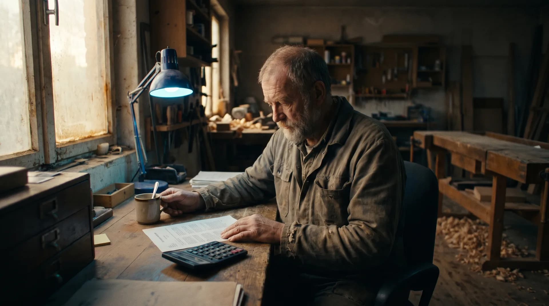 Zelfstandige bekijkt een SEO-offerte aan een houten bureau in een werkplaats